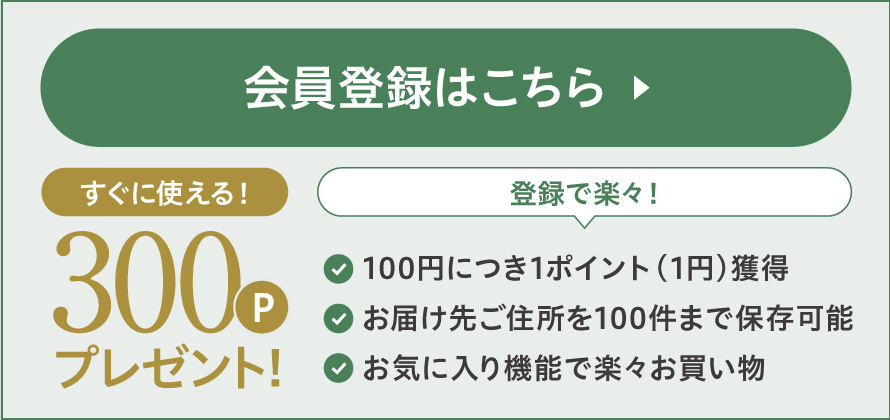 今なら新規会員登録300ポイントプレゼント！（100円につき1ポイント獲得。お届け先ご住所も100件まで保存可能）