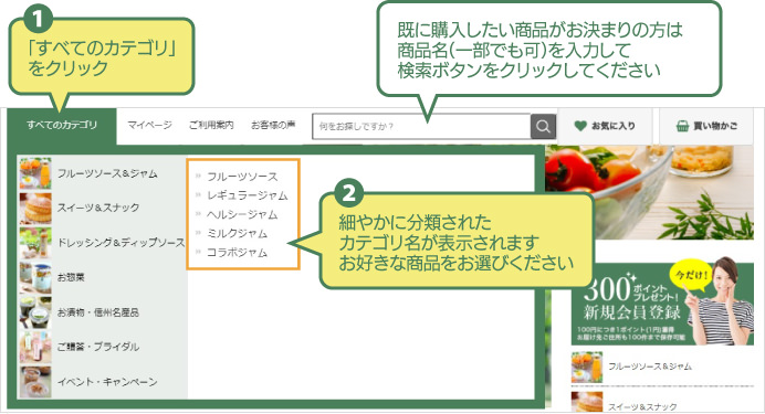 (1)「すべてのカテゴリ」をクリック (2)細やかに分類されたカテゴリ名が表示されます。お好きな商品をお選びください。※既に購入したい商品がお決まりの方は商品名（一部でも可）を入力して検索ボタンをクリックしてください。