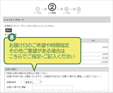 (8)お届け日のご希望や時間指定その他ご要望がある場合はこちらでご指定・ご記入ください